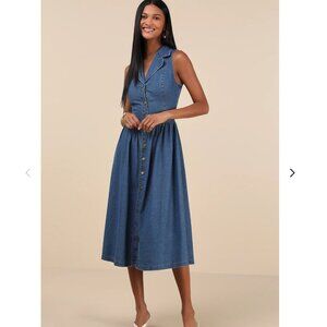 Lulu's Levon Medium Wash Denim Button-Front Midi Dress Size Small